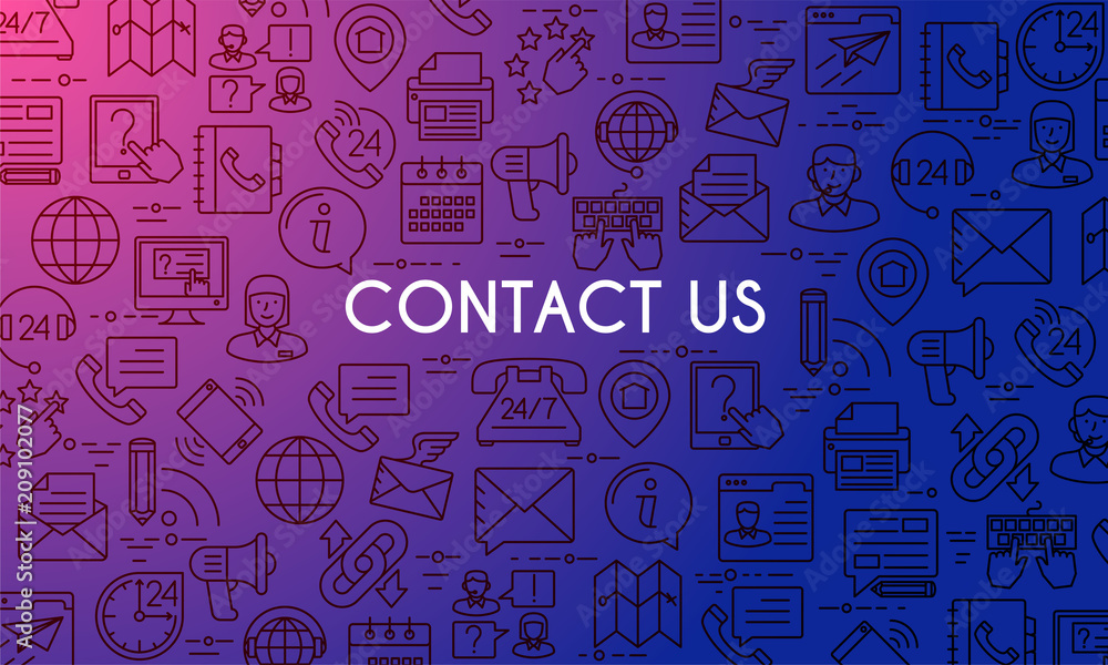 Contact us banner. Design template with thin line icons on theme customer service and support. Vector illustration