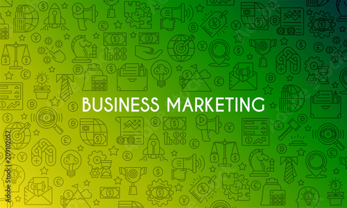 Business marketing banner. Design template with thin line icons on theme commerce, management, start up, business analytics, finance, and market research. Vector illustration