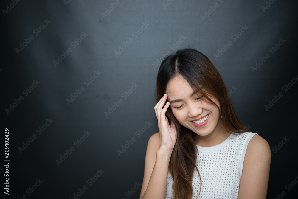 Business woman think for ideas isolate on black background,Thailand people,Secretary girl thinking concept Business woman think for ideas isolate on black background,Thailand people,Secretary girl thinking concept