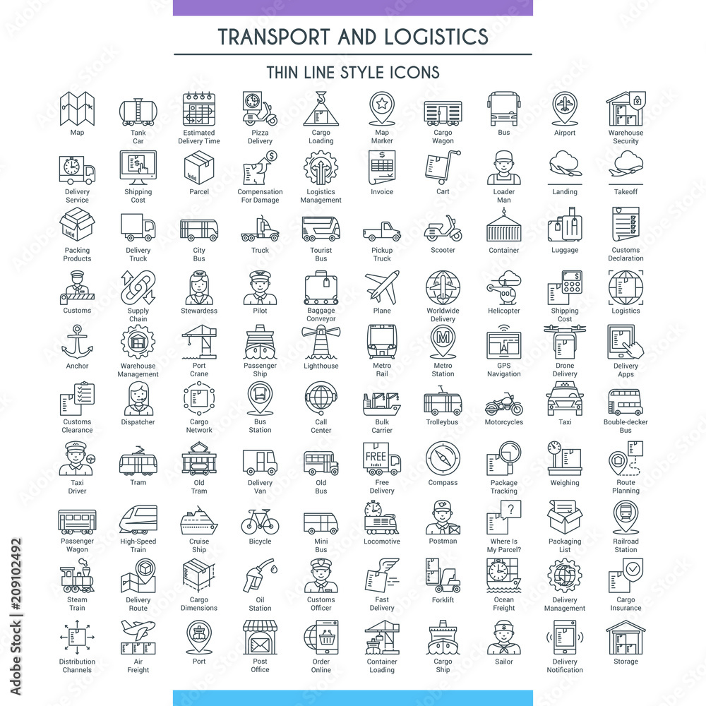 Transport and logistic big icons set. Modern icons on theme delivery, packaging, navigation and transportation. Thin line design icons collection. Vector illustration