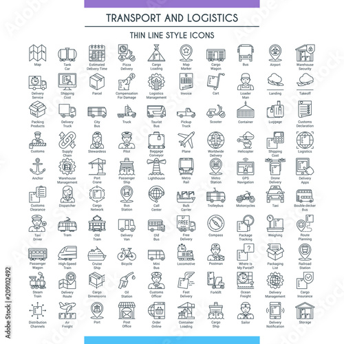 Transport and logistic big icons set. Modern icons on theme delivery, packaging, navigation and transportation. Thin line design icons collection. Vector illustration