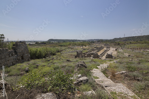 Aerial view from the Nympahion of Kestros side of Perge Ancient City in Antalya, Turkey