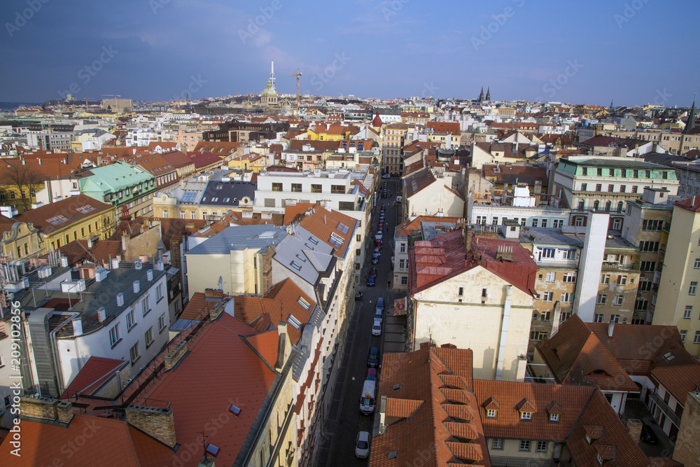 Top view of the red roofs, panorama of the city of Prague Czech Republic.