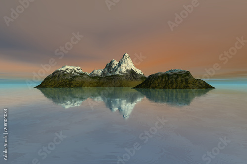 Island, a mediterranean landscape, snow on the peak, reflection in the sea and a cloudy sky.
