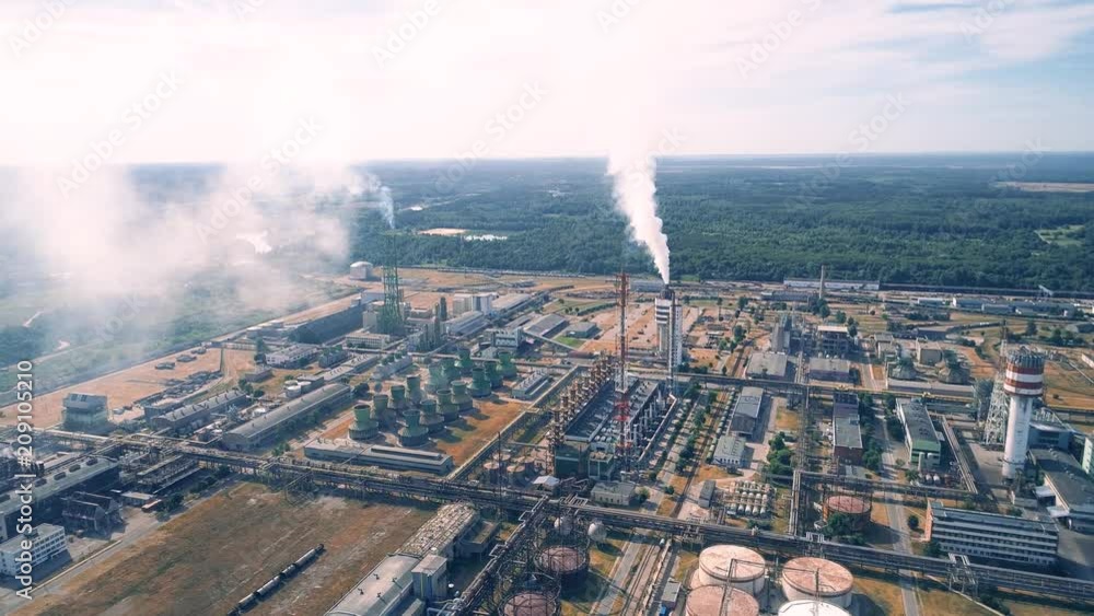 Industrial Chemical Factory, Smoke and Air Pollution, Aerial View
