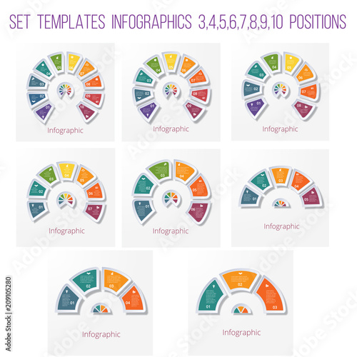 Set 8 templates, semicircle diagram Infographics for business conceptual cyclic processes on  3, 4, 5, 6, 7, 8, 9, 10 positions