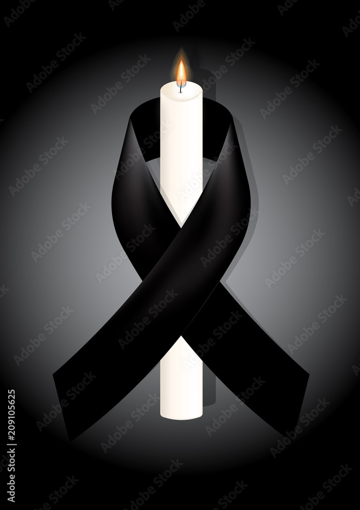 Black awareness ribbon with white candle on white background. Mourning ...