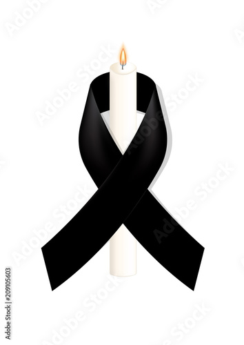 Black awareness ribbon with white candle on white background. Mourning symbol. RIP Funeral card Black Ribbon Background Vector
