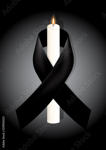 Black awareness ribbon with white candle on white background. Mourning symbol. RIP Funeral card Black Ribbon Background Vector