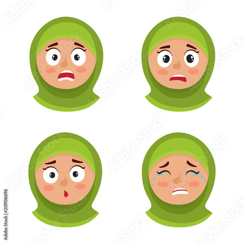 Set of arab girl with hijab scared face expression isolated on white