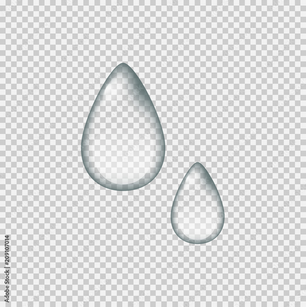 Realistic tear like water drops on transparent background. Water