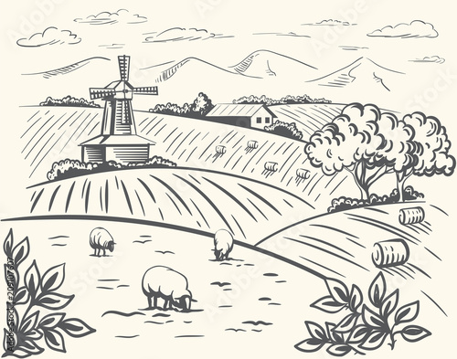 windmill, village houses and farmland