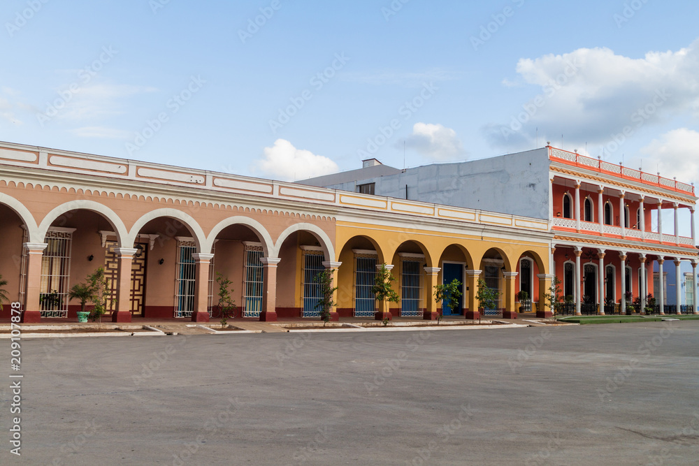 Houses at Parque Marti square in Remedios town, Cuba