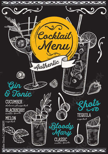 Cocktail bar menu. Vector drinks flyer for restaurant and cafe. Design template with vintage hand-drawn illustrations.