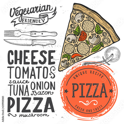 Pizza restaurant menu. Vector food flyer for bar and cafe. Design template with vintage hand-drawn illustrations.