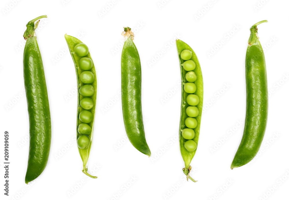 set macro fresh green peas isolated on white background, clipping path, top view set macro fresh green peas isolated on white background, clipping path, top view