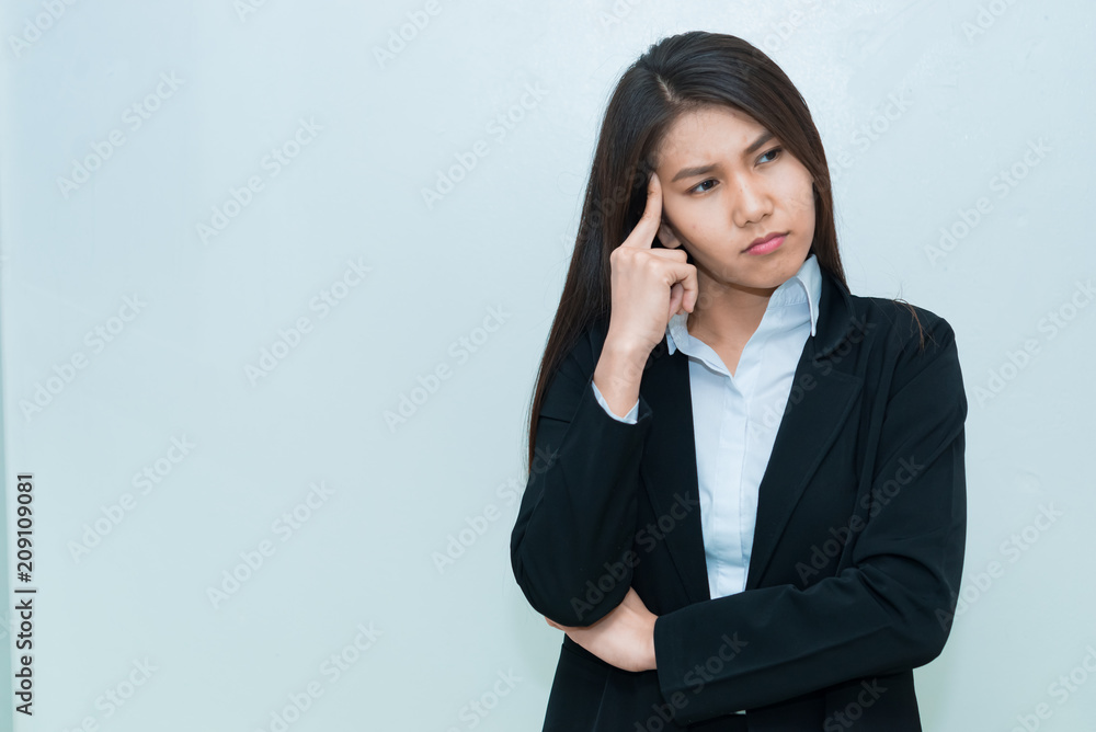 Portrait of beautiful asian business woman wear white shirt on white background,Thailand people,Woman think concept Portrait of beautiful asian business woman wear white shirt on white background,Thailand people,Woman think concept