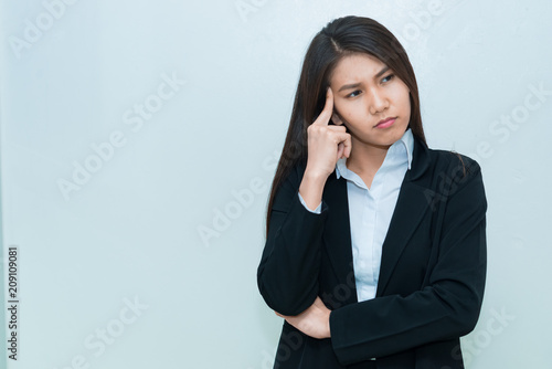 Portrait of beautiful asian business woman wear white shirt on white background,Thailand people,Woman think concept