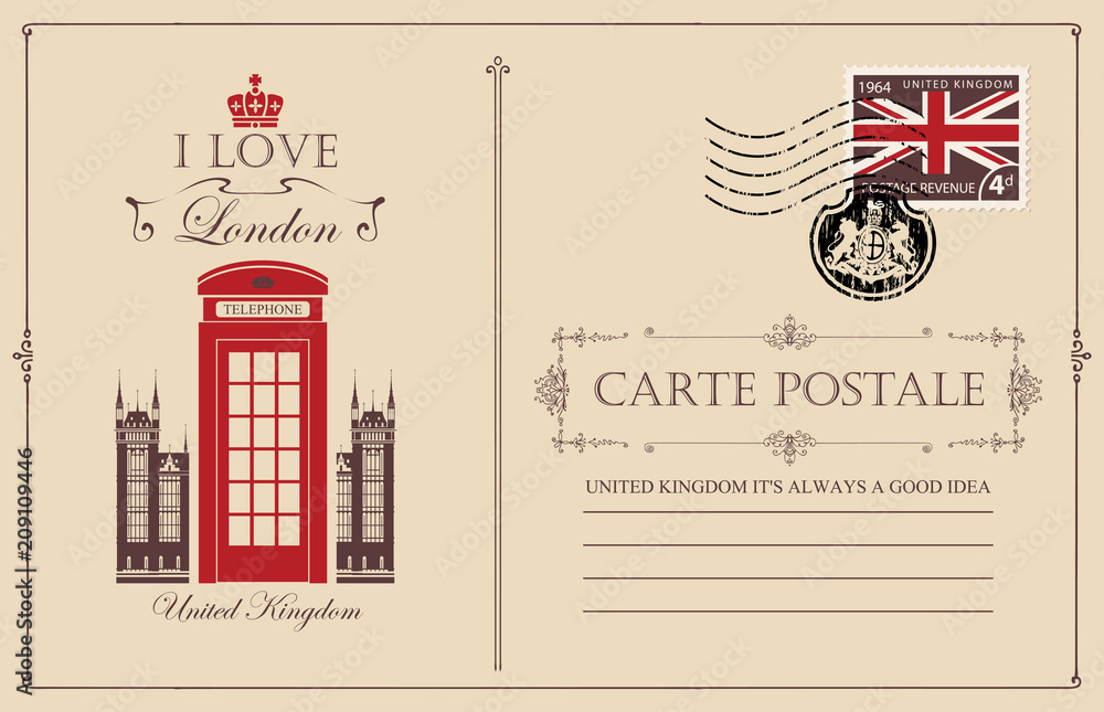 Fototapeta premium Retro pocztówka ze słynną londyńską budką telefoniczną. Wektor pocztówka w stylu vintage z miejscem na tekst, znaczek pocztowy z flagą Wielkiej Brytanii i pieczątka w formie herbu królewskiego