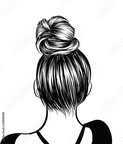 Woman with stylish classic bun with perfet eyebrow shaped and ful. Illustration of business hairstyle with natural long hair. Hand-drawn idea for gretting card, poster, flyers, web, print for t-shirt.