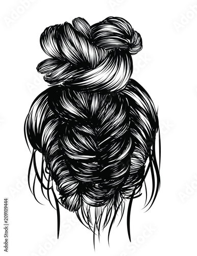 Woman with stylish classic bun with perfet eyebrow shaped and ful. Illustration of business hairstyle with natural long hair. Hand-drawn idea for gretting card, poster, flyers, web, print for t-shirt.