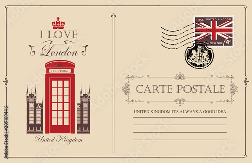 Retro postcard with the famous London telephone booth. Vector postcard in vintage style with place for text, postage stamp with flag of United Kingdom and rubber stamp in form of royal coat of arms