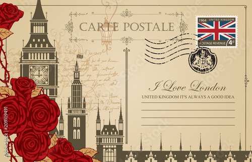 Retro postcard with Big Ben in London, Palace of Westminster, UK. Romantic vector postcard in vintage style with place for text, red roses and words I love London on the background of old manuscript