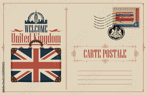 Retro postcard with with suitcase, UK flag and Big Ben. Vector postcard with place for text, postage stamp with double-decker London bus and rubber stamp in form of royal coat of arms