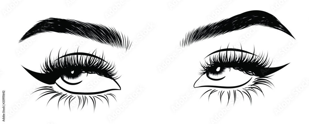 Illustration of woman's sexy expressive interesting catchy eye with perfectly shaped eyebrows and full lashes.Hand-drawn Idea for business visit card, typography vector.Perfect salon look.Hollow style