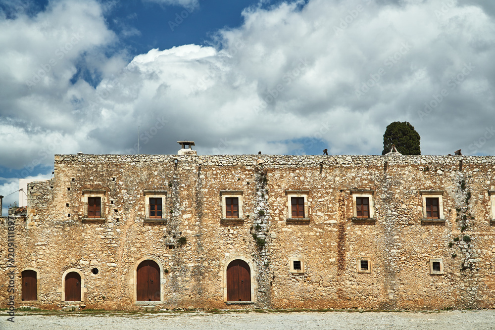 Buildings and walls of the Orthodox, historical monastery of Moni Arcadia on the island of Crete.