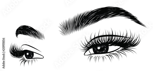 Illustration for beauty salon for eyebrow and eyelash extension vector poster  of beautiful woman. Beauty makeup eyes, fashion female face on poster.Digital vector detailed line art  hand drawn