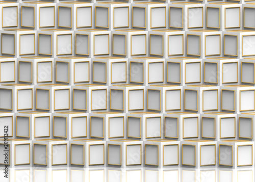 3d rendering. modern golden frame pattern on white cube boxes stack wall background.