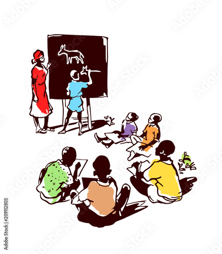 children learn to draw on a white background and school board