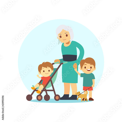 Grangma walking with grandsons and dog