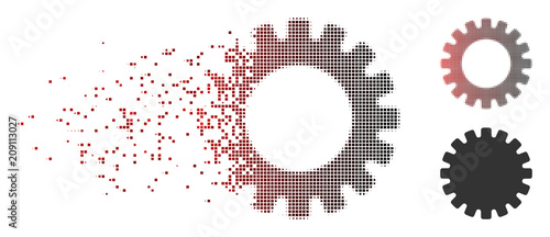 Vector gear icon in fractured, dotted halftone and undamaged whole versions. Disappearing effect uses square particles and horizontal gradient from red to black.