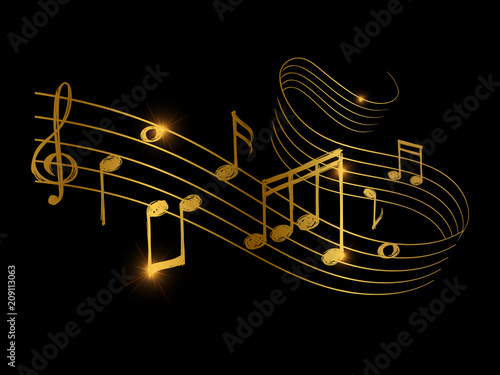 Sketch of golden musical sound wave with music notes