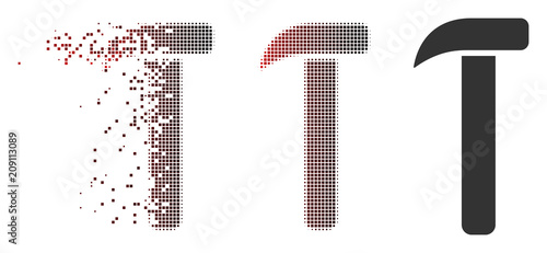 Vector hammer icon in fractured, pixelated halftone and undamaged entire variants. Disappearing effect uses square scintillas and horizontal gradient from red to black.