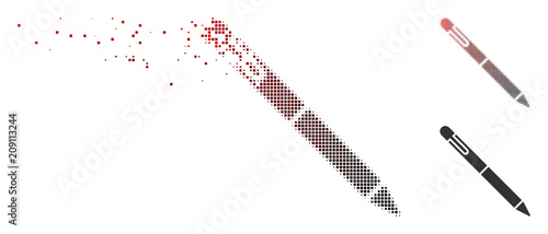 Vector pen icon in dissolved, pixelated halftone and undamaged whole versions. Disappearing effect involves rectangular scintillas and horizontal gradient from red to black.