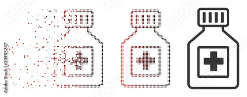 Vector pharmacy vial icon in dispersed, dotted halftone and undamaged solid versions. Disintegration effect uses rectangular dots and horizontal gradient from red to black.