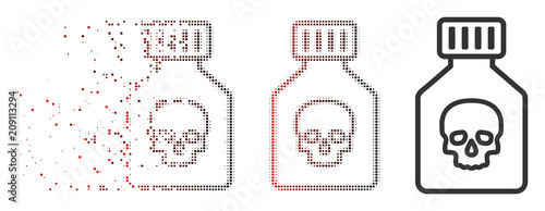 Vector poison phial icon in dissolved, pixelated halftone and undamaged whole versions. Disappearing effect involves rectangle sparks and horizontal gradient from red to black.
