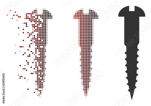 Vector screw icon in sparkle, dotted halftone and undamaged whole variants. Disintegration effect uses square particles and horizontal gradient from red to black.