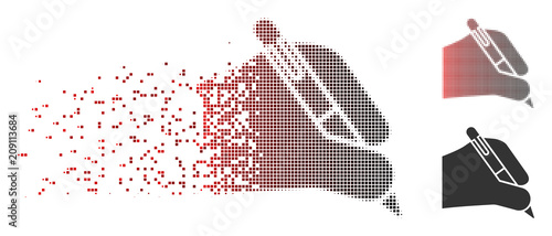 Vector subscribe hand icon in sparkle, pixelated halftone and undamaged solid variants. Disappearing effect uses rectangular sparks and horizontal gradient from red to black.