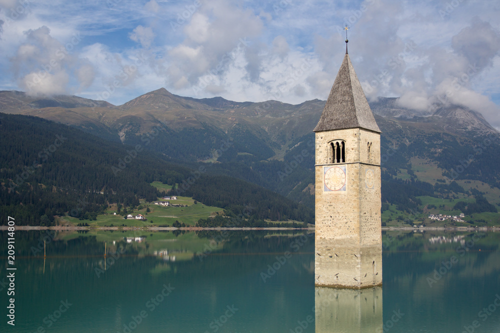 Churchtower submerged in Lake