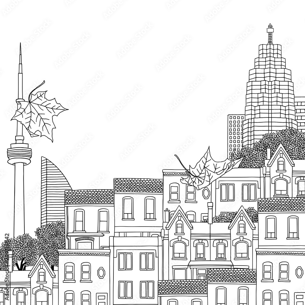 Hand drawn black and white illustration of Toronto, Canada, with empty space for text