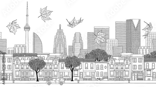 Toronto, Canada - Seamless banner of the city’s skyline, hand drawn black and white illustration