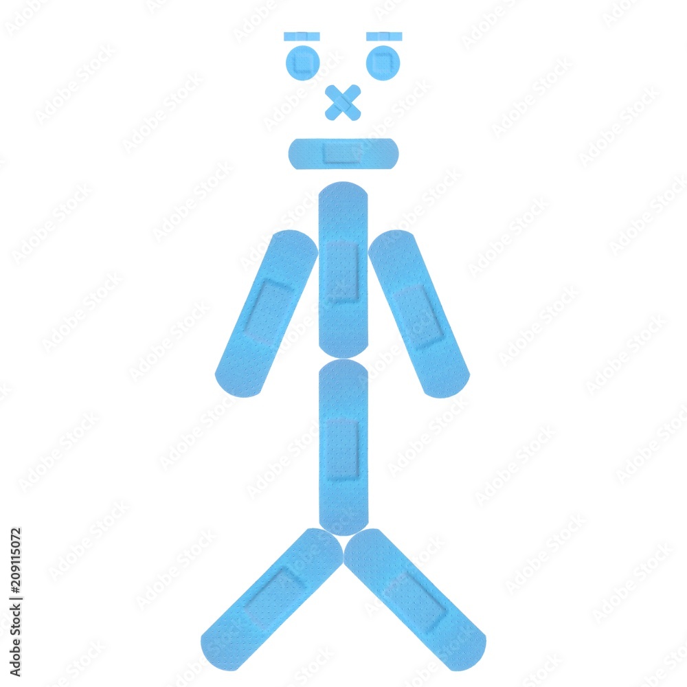 Funny Boy with various light blue Strips of FIRST AID PLASTER - Medical Equipment Funny Boy with various light blue Strips of FIRST AID PLASTER - Medical Equipment