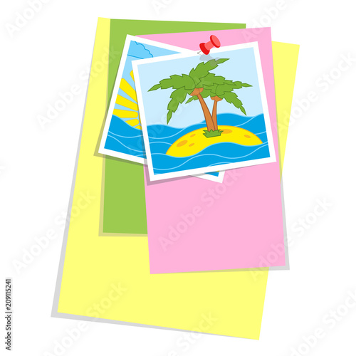 A set of colored office sticky sheets and photos attached to a clerical button. Simple flat vector illustration isolated on white background.