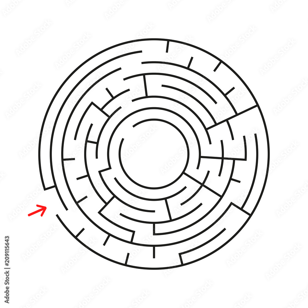 Round labyrinth. With the entrance and exit. An interesting game for children and adults. Simple flat vector illustration isolated on white background. Round labyrinth. With the entrance and exit. An interesting game for children and adults. Simple flat vector illustration isolated on white background.