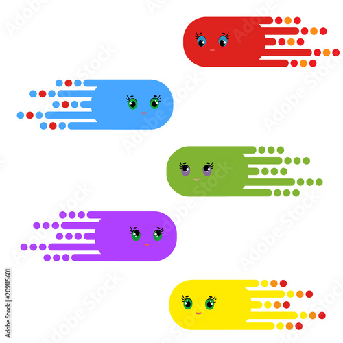 A set of flying fantastic characters of bright colors. Simple flat vector illustration isolated on white background.