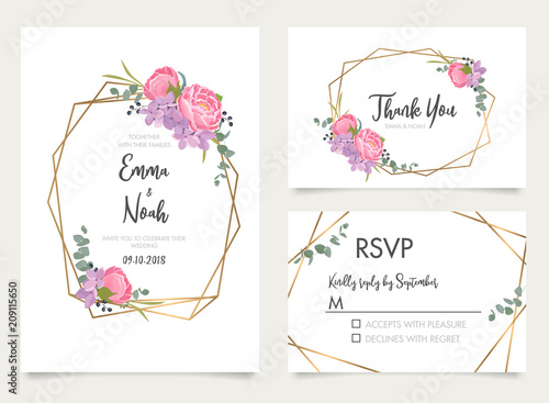 Wedding invite, invitation, save the date, rsvp, thank you card design with elegant summer flowers and forest green leaves. Geometric gold line frame. Floral design background. Vector template set